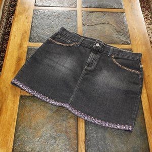 Denim Skirt, Upcycled, Embroidered & Beaded